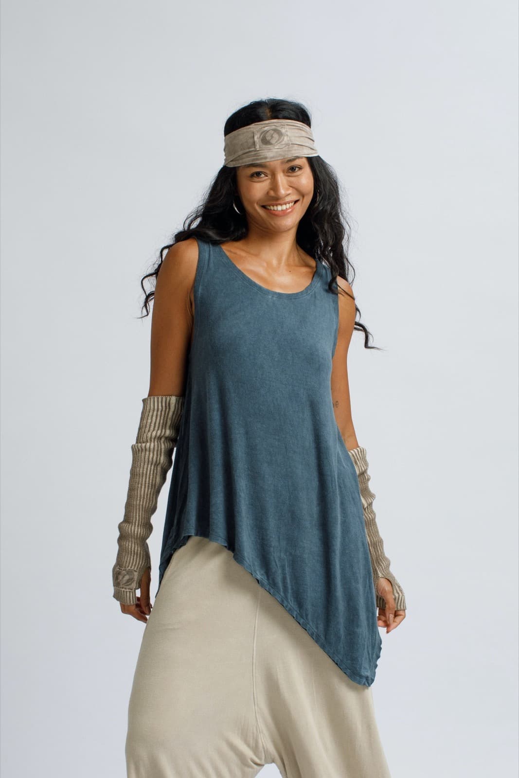 Asymmetric Draped Tank in Blue Denim by Salsation Wear.